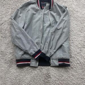 Denim & Flower Gray Bomber Jacket with Red and White Accents
